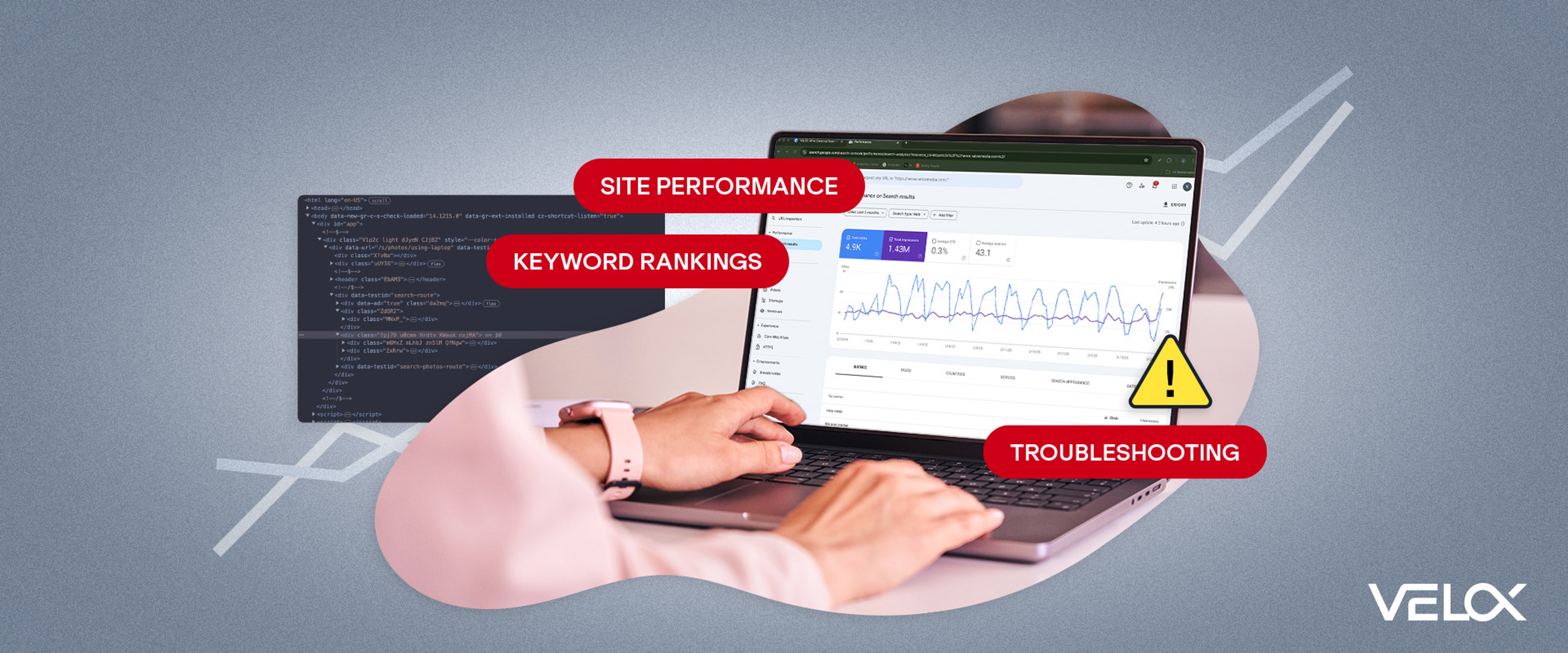 A woman typing on a laptop with Google Search Console on the screen