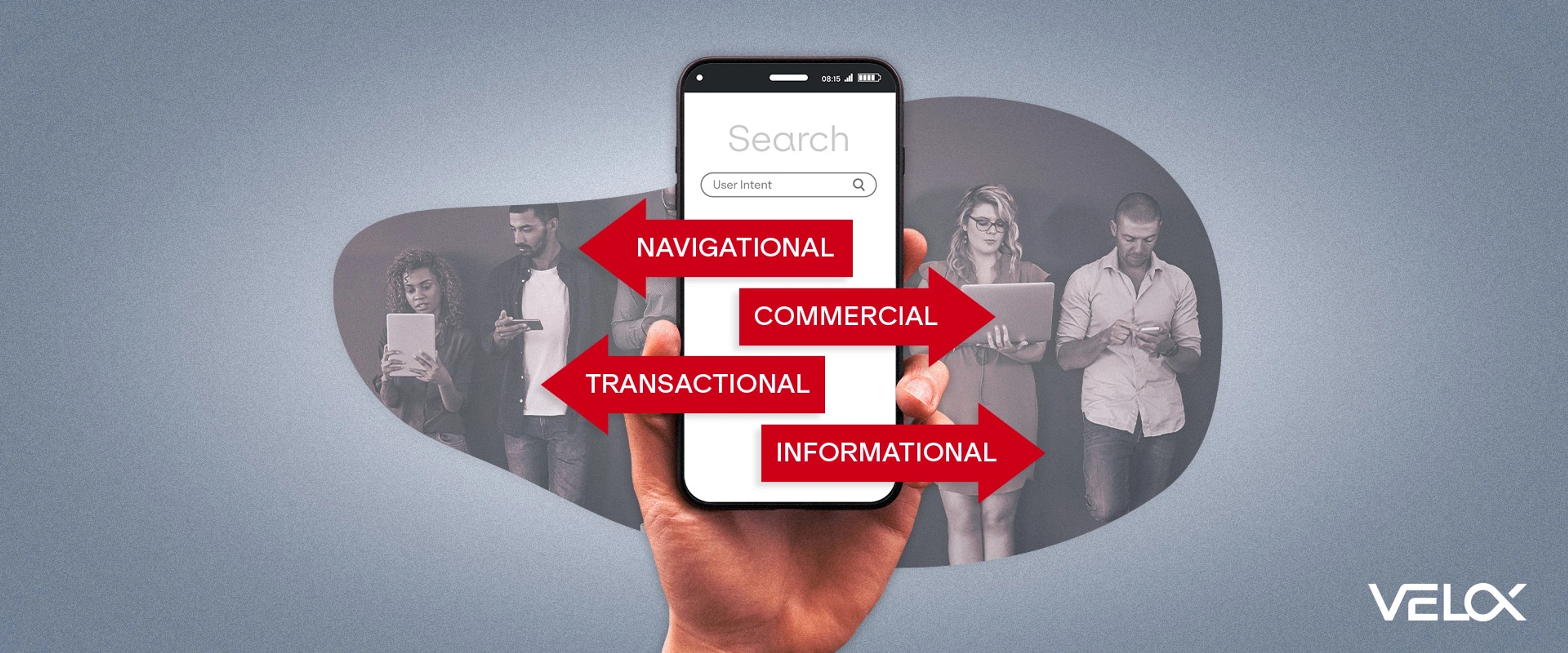 A mobile phone with red arrows pointing in different directions according to user intent: navigational, commerical, transactional, informational.