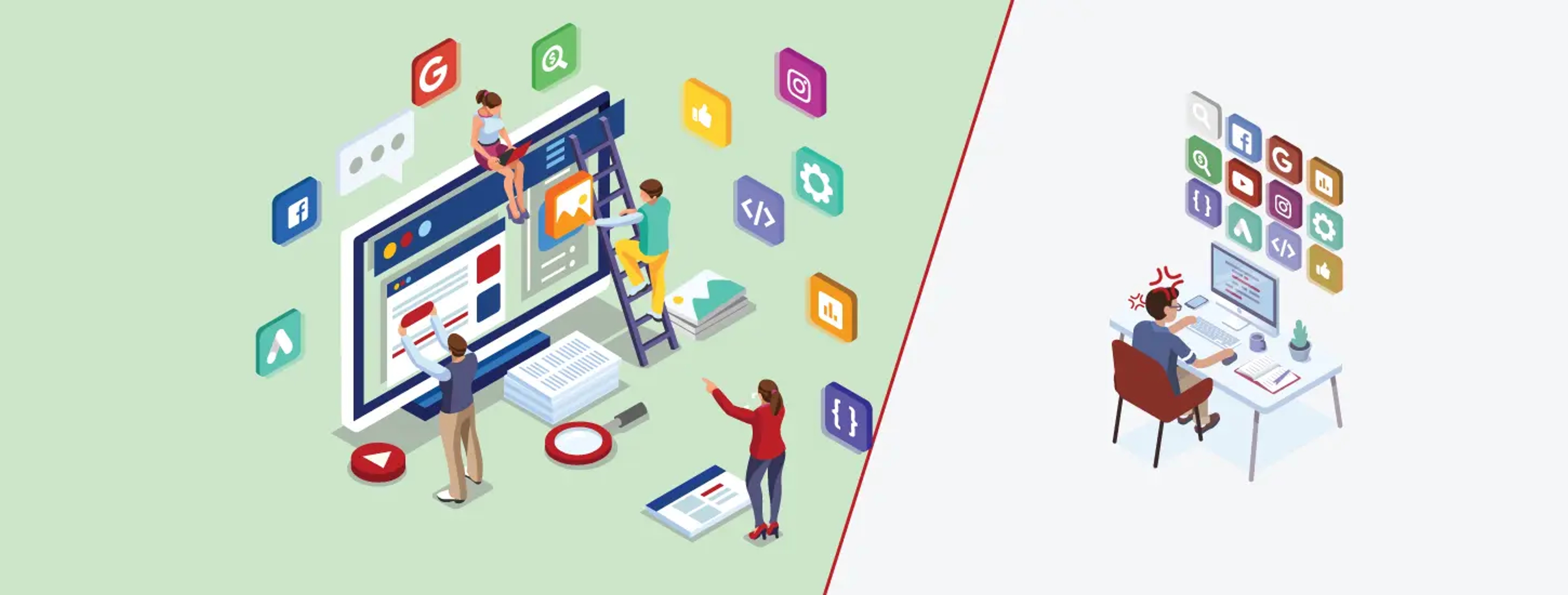 Graphic displaying people, social icons, and website elements