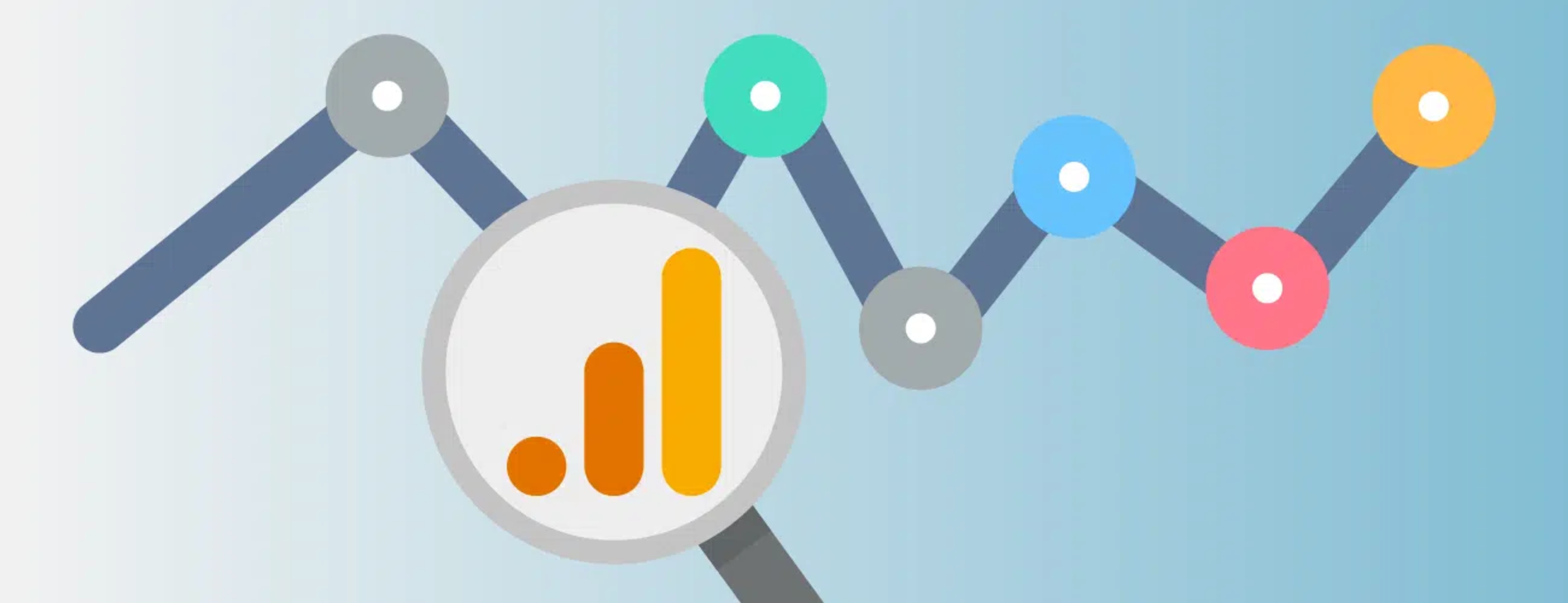 Hero graphic with a light blue gradient and line chart vector with the Google Analytics logo