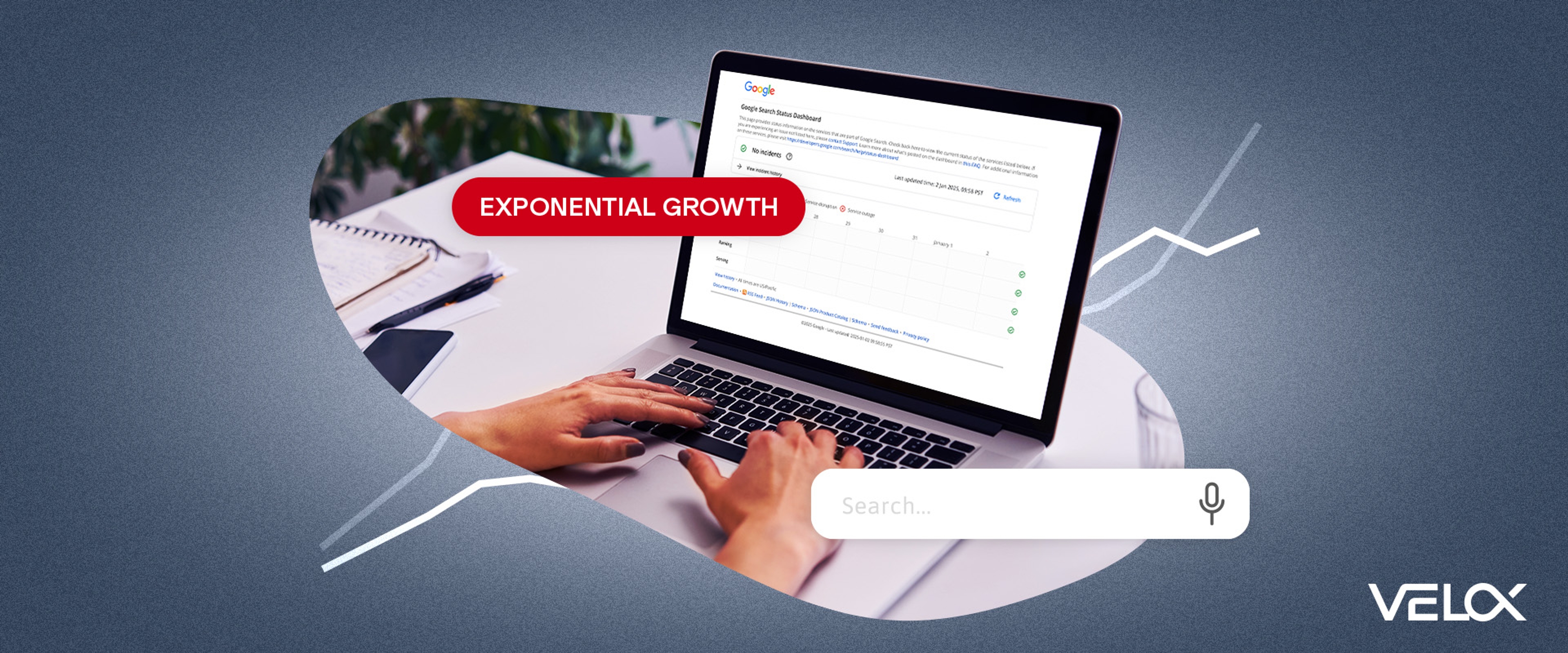 A woman typing on a laptop with "exponential growth" written in a bubble near a search bar.