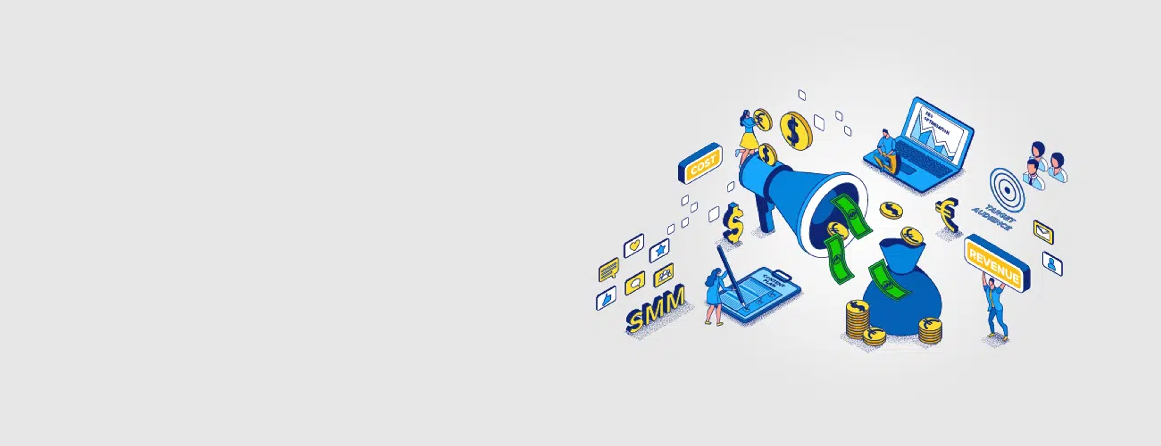 A hero graphic with a light gray background and vector images of a phone, megaphone, and laptop
