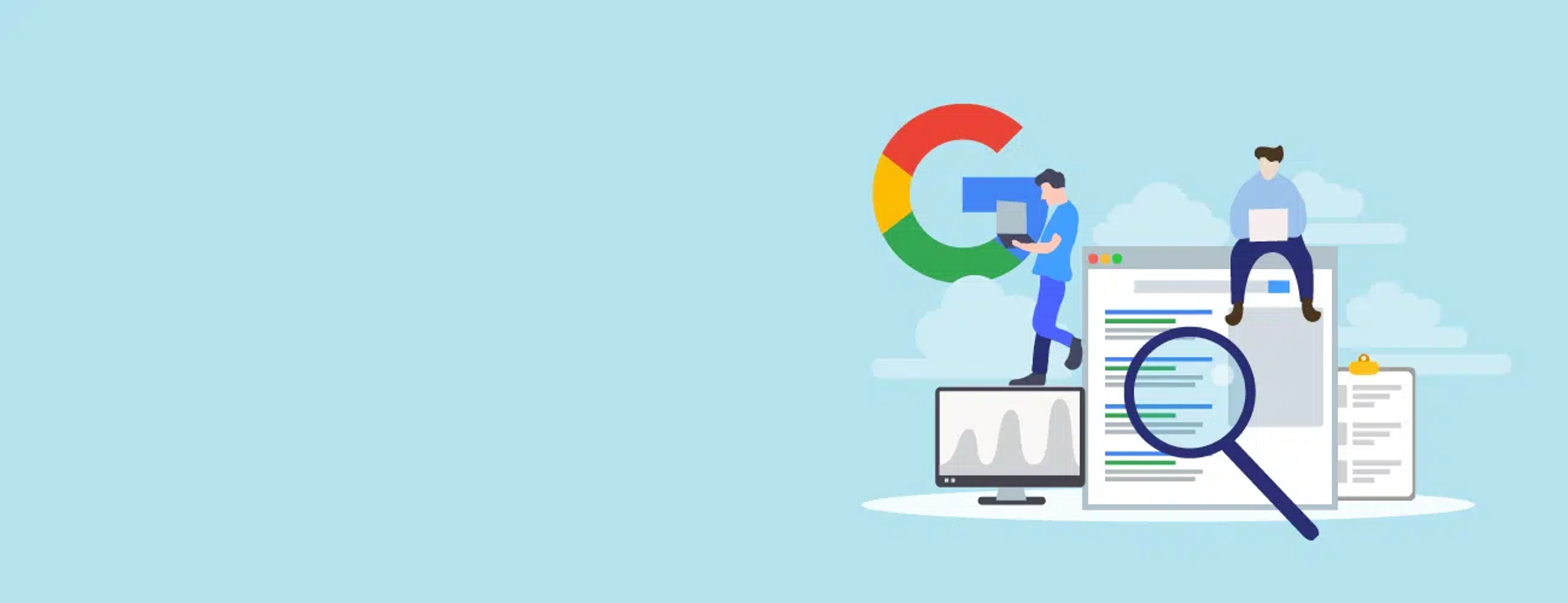 A hero graphic with a light blue background, the Google logo, and characters standing and sitting on computer screens