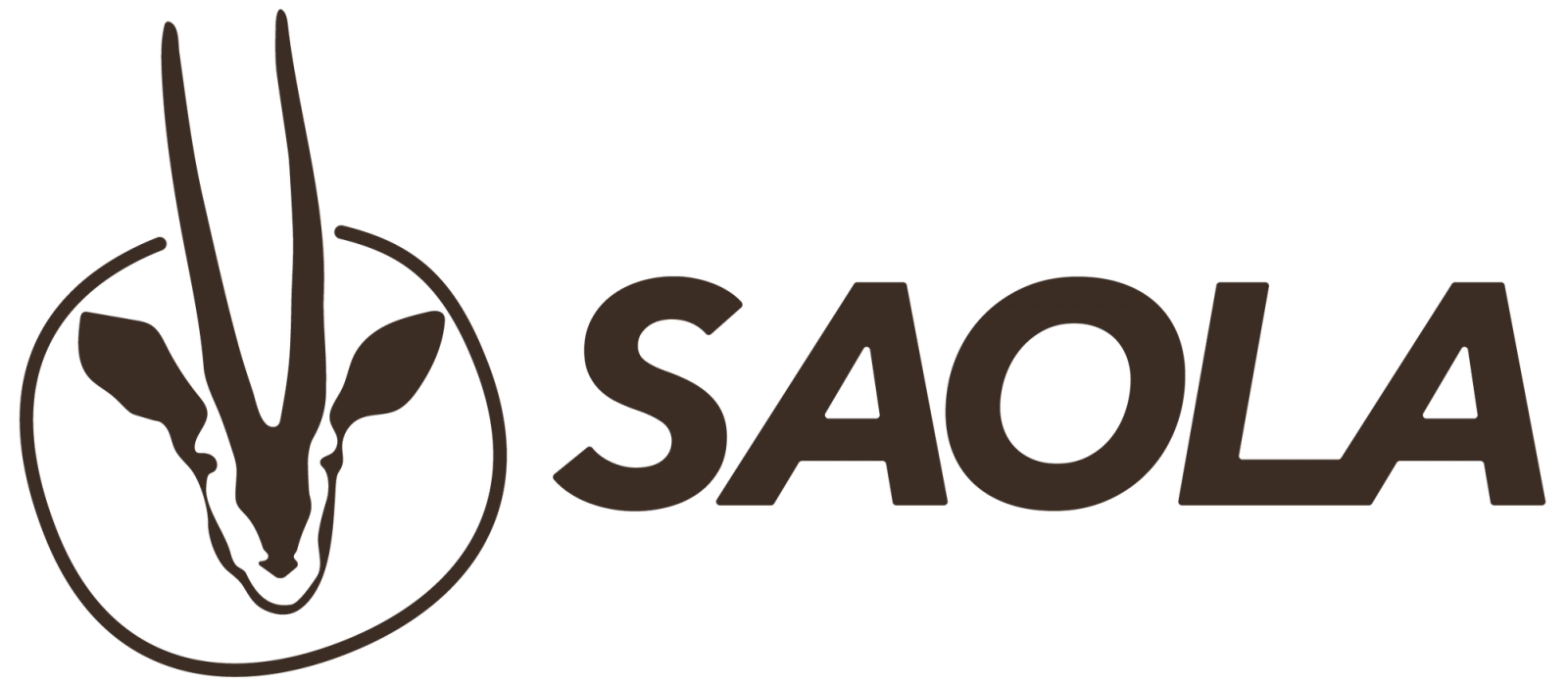 Saolas liggende logo med stilisert saolahode i sirkel og navnet SAOLA
