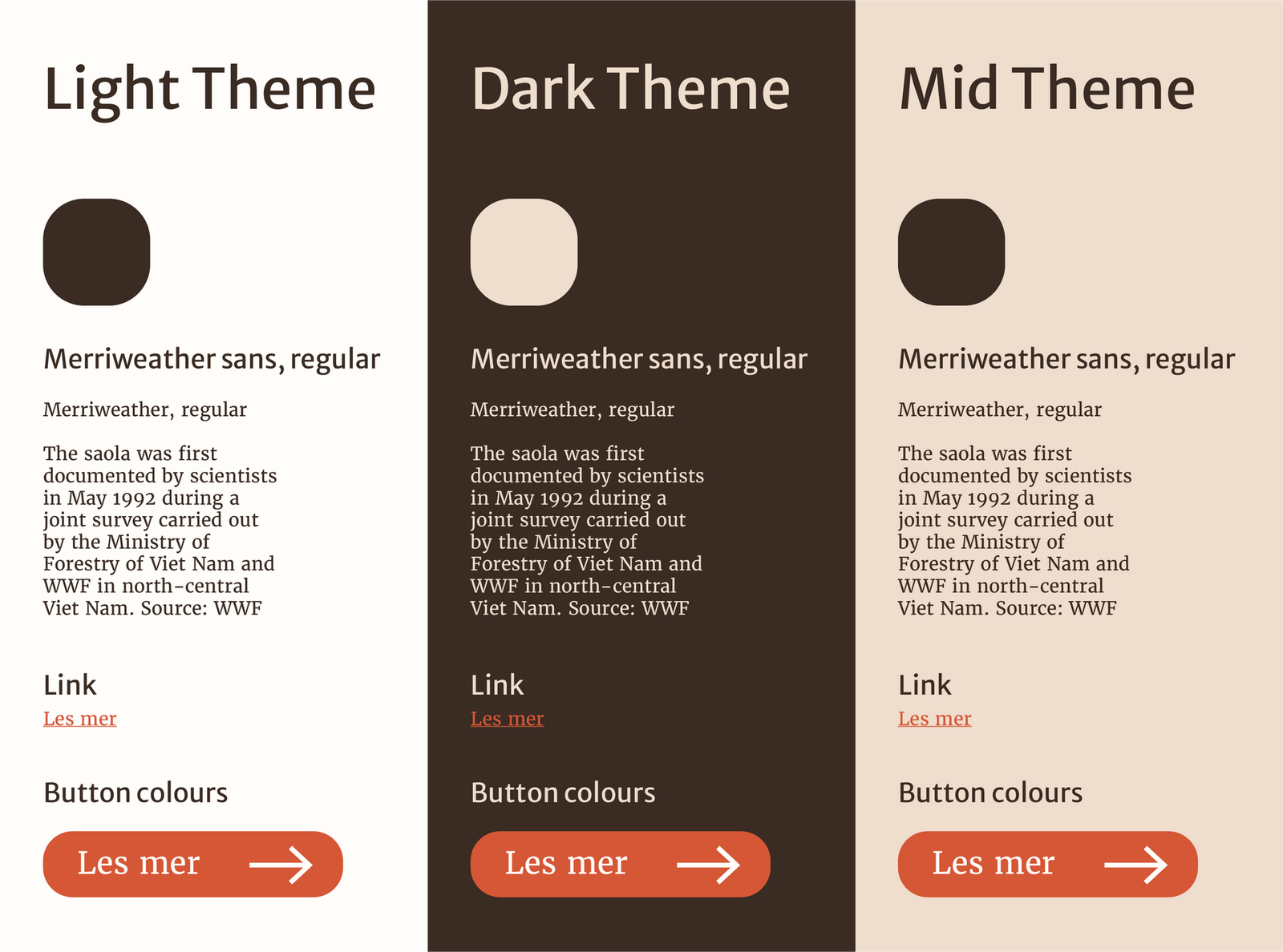 Saolas farger og typografi i lyst, mørkt og mellomtone-tema