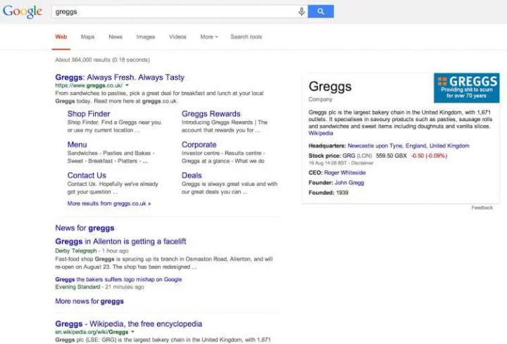 Greggs SERP results