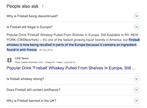 Fireball Whisky SERP issues