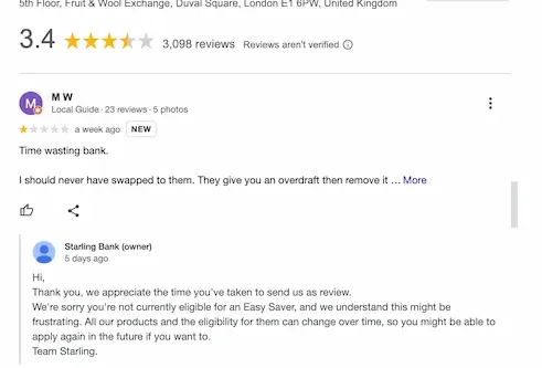 Bad reviews for Starling Bank