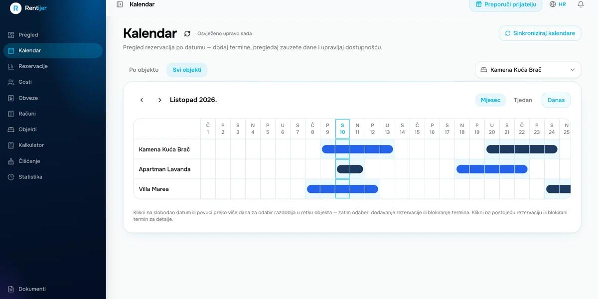 Rentijer kalendar svih objekata s rezervacijama s više platformi