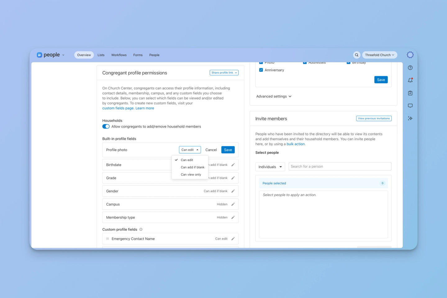 Congregant profile permissions in Planning Center People, with the Can edit, Can add if blank, and Can view only options for built-in profile fields