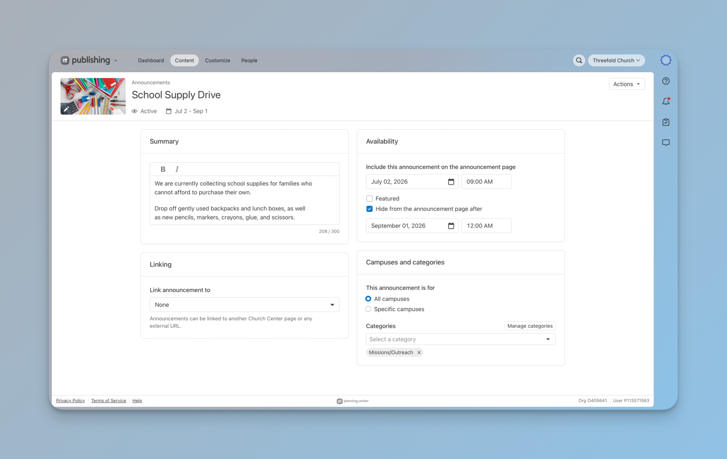 Each announcement can have custom settings, including a short summary, availability dates, a linking option, and campus and category assignment.