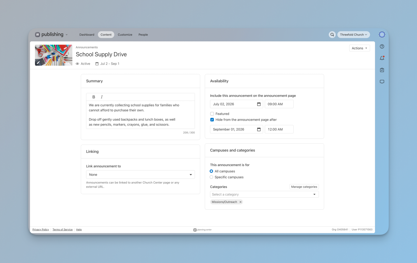 Each announcement can have custom settings, including a short summary, availability dates, a linking option, and campus and category assignment.