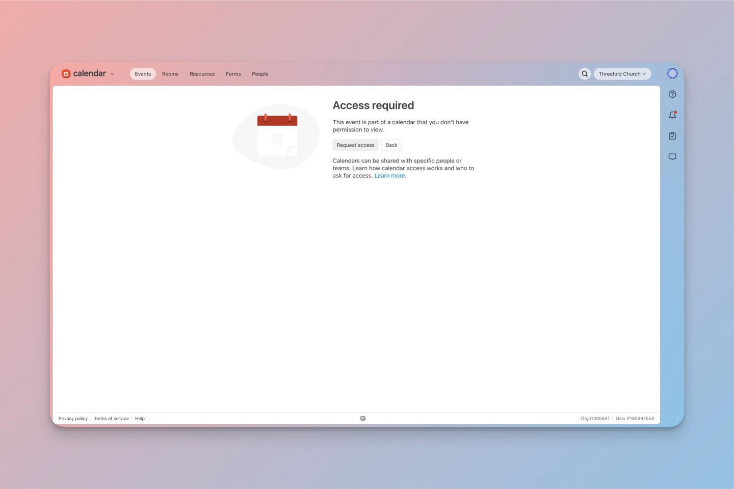 "Access required" page in Planning Center Calendar with a Request access button