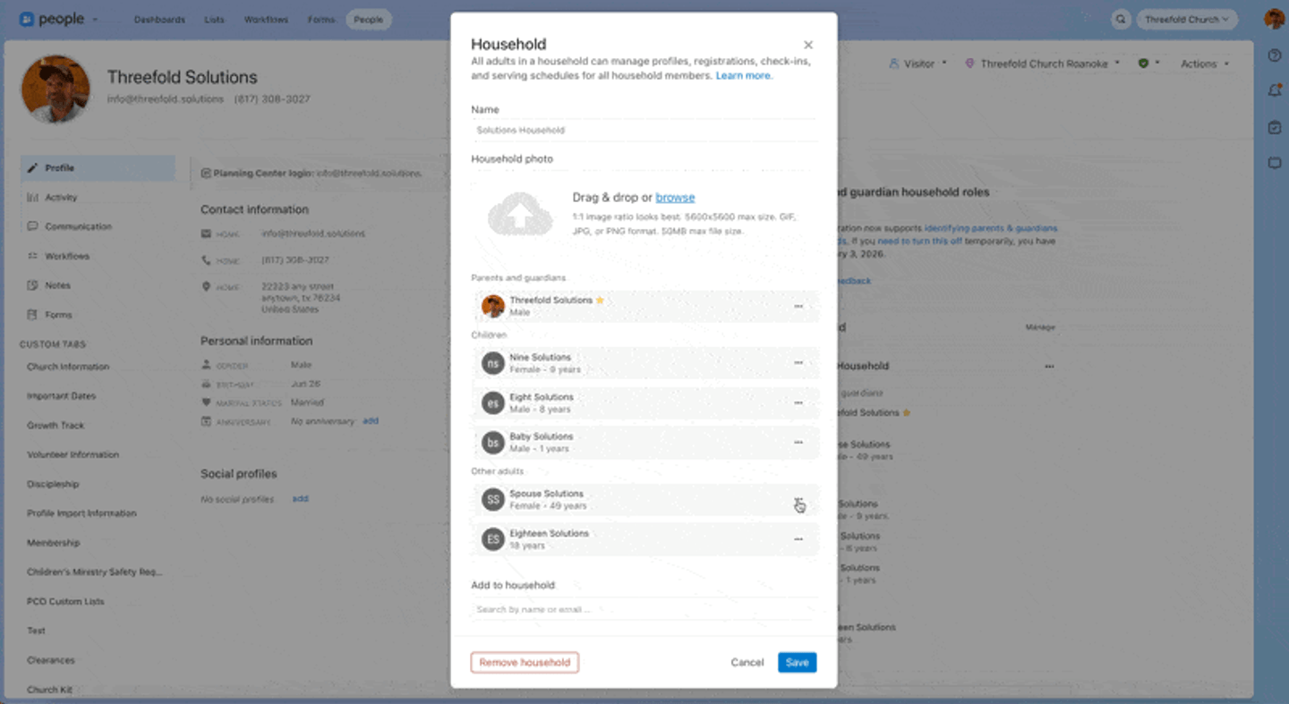 Animated walkthrough of the household editor in Planning Center People. The user opens the three-dot menu next to an adult under Other adults and selects Set as parent/guardian, moving her into the Parents and guardians section.