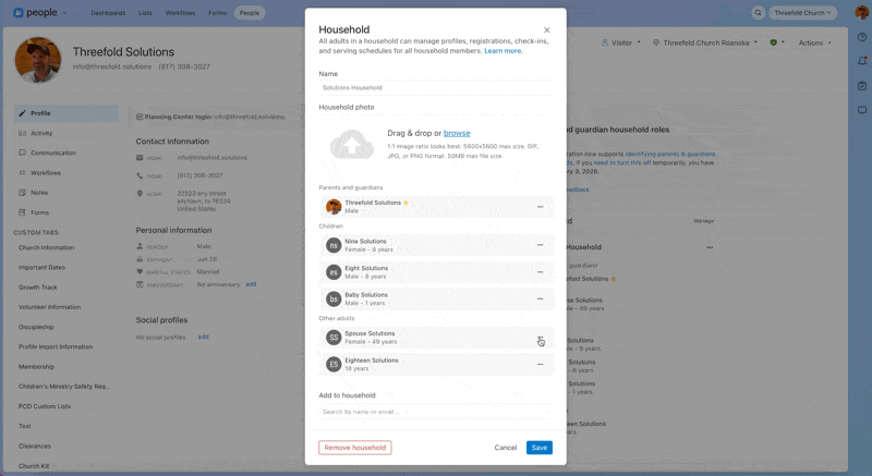 Animated walkthrough of the household editor in Planning Center People. The user opens the three-dot menu next to an adult under Other adults and selects Set as parent/guardian, moving her into the Parents and guardians section.