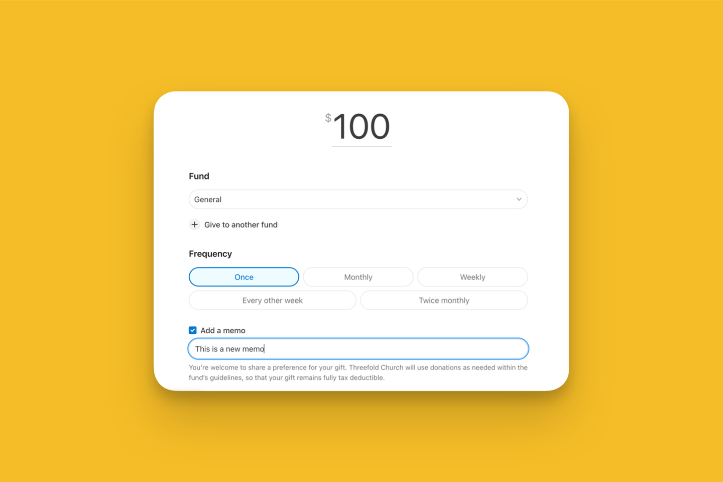 Planning Center Giving donation form with fund selection, a Give to another fund link, frequency options and a memo field