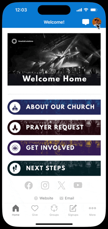 Animated walkthrough in the Church Center app. A user opens My profile and settings, selects Edit on profile information and checks the Parent/guardian box under the household role.