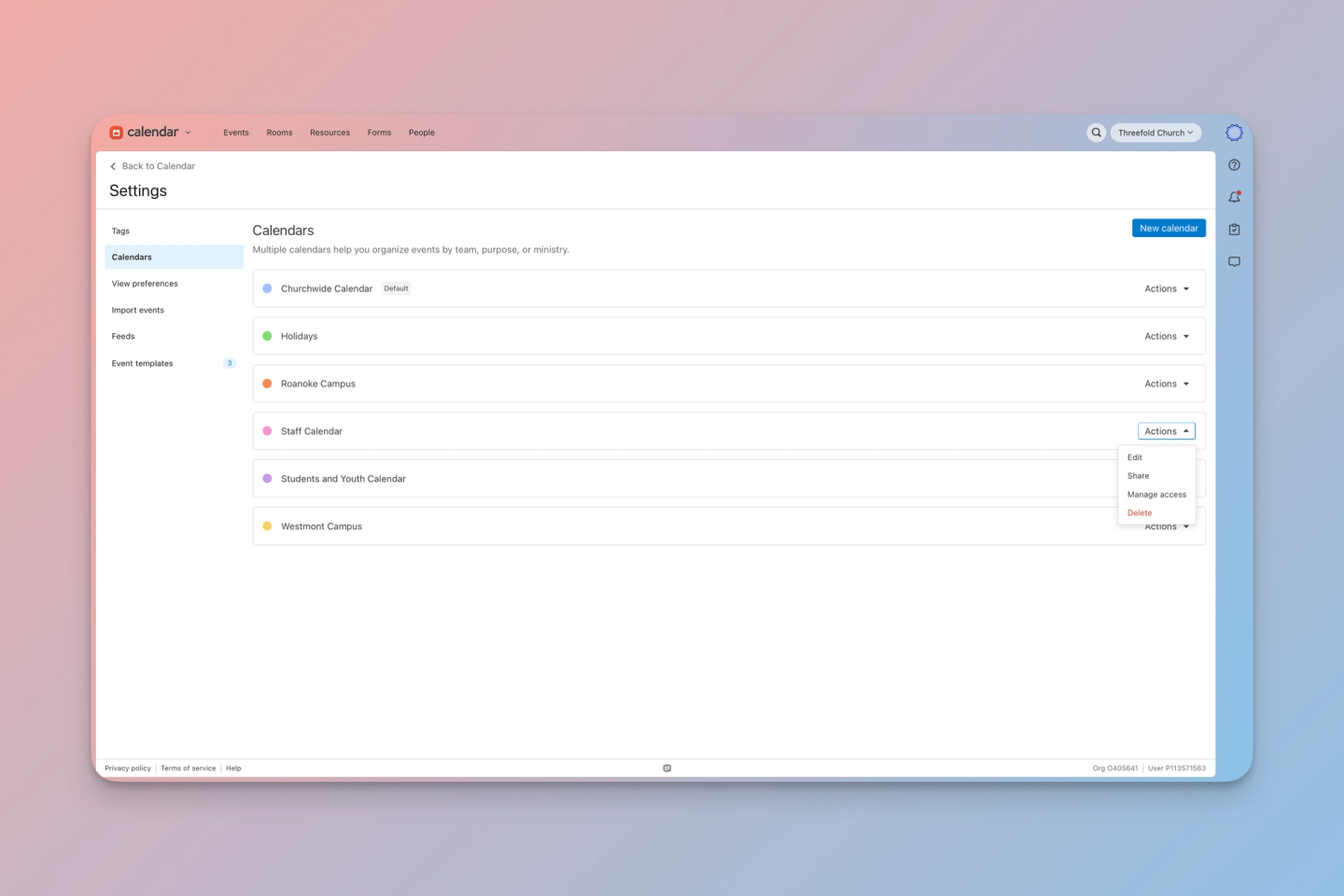 Planning Center Calendar settings page listing multiple calendars, with the Actions menu open showing the Manage access option