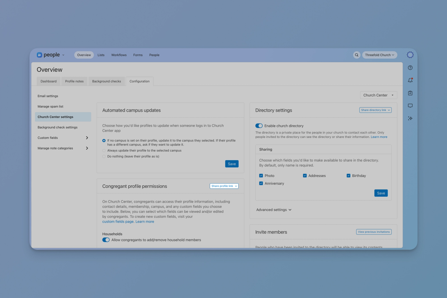 Church Center settings on the Configuration tab in Planning Center People, showing the Share profile link button and the Households toggle
