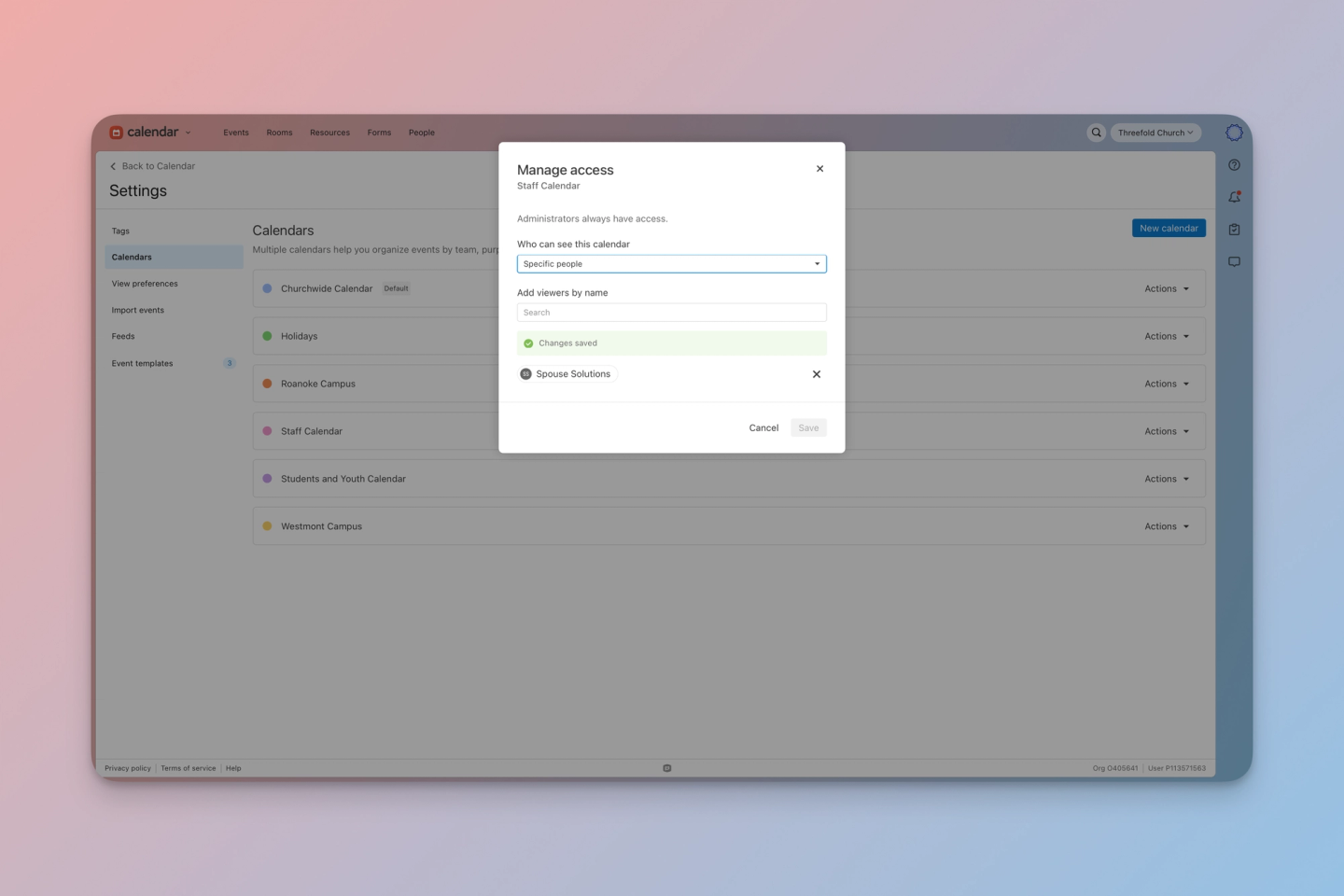 Manage access window for a Staff Calendar in Planning Center Calendar, set to Specific people