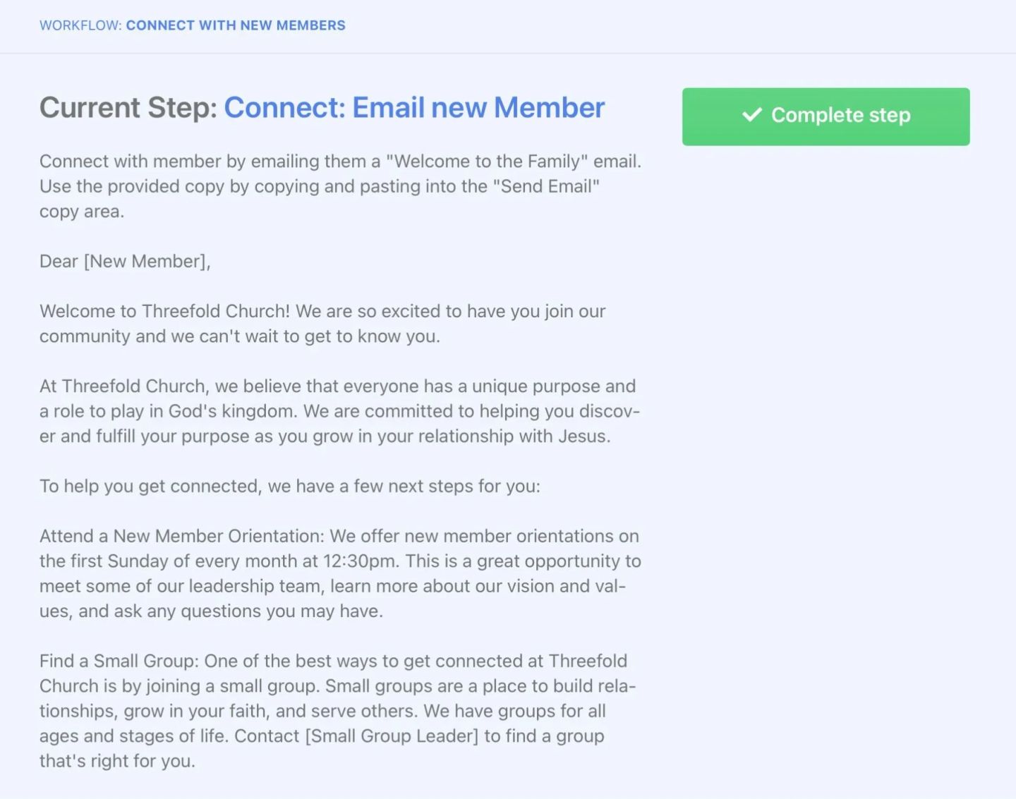 Workflow step with the email copy included in the step description
