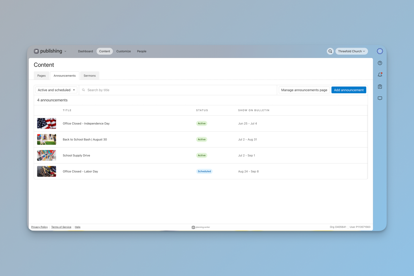 The Announcements section is found within the Content tab in Publishing.
