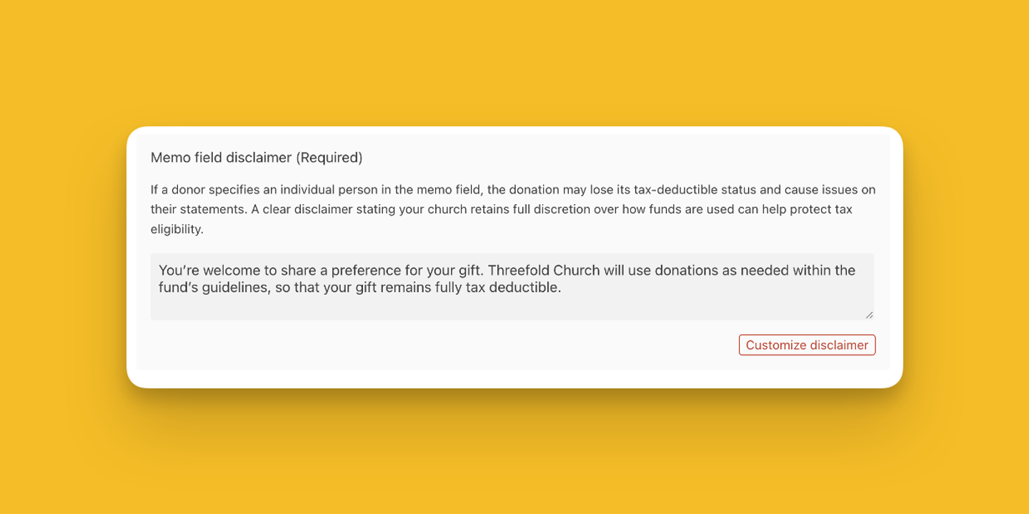 Required memo field disclaimer in Planning Center Giving with sample tax-deductibility language and a Customize disclaimer button