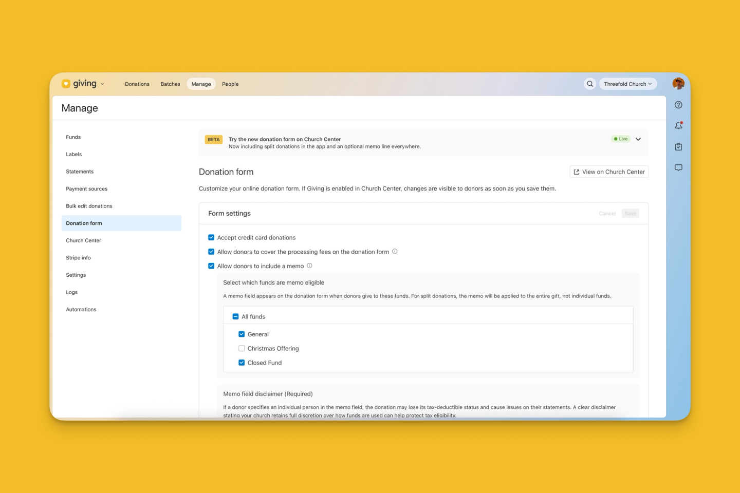 Donation form settings in the Planning Center Giving Manage tab, with options to let donors cover processing fees and include a memo