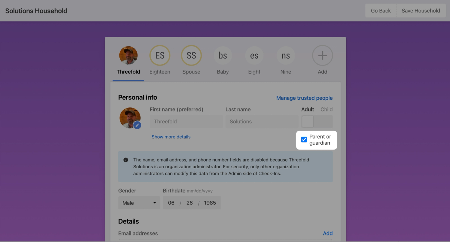 Household editor in Planning Center Check-Ins with the Parent or guardian checkbox highlighted and selected for an adult household member.