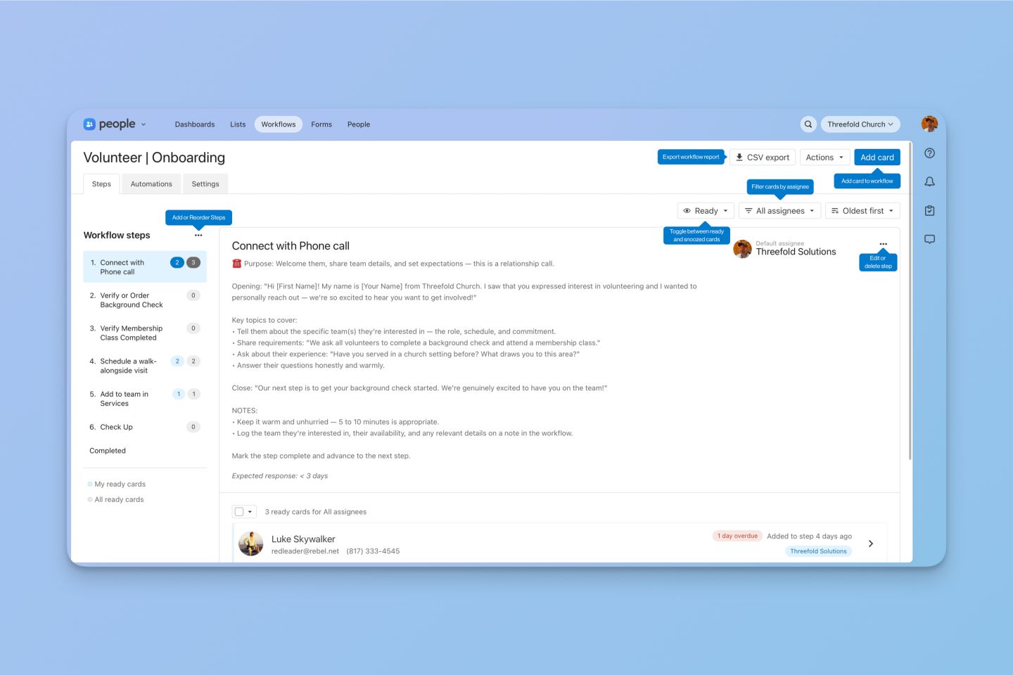 Shown above: A closer look at the updated Workflows interface with callouts highlighting the key layout changes.