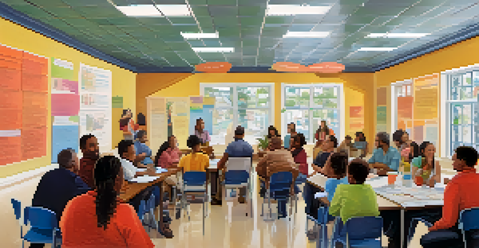 A community meeting focused on educational equity with diverse participants discussing around a table.