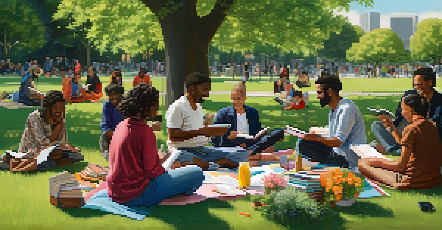 A diverse group of people in a park practicing language exchange with books and flashcards, surrounded by flowers.