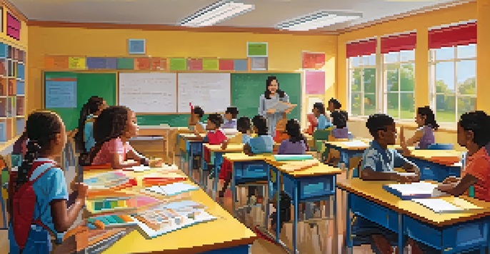 A vibrant classroom with a teacher interacting with students, clear rules on the wall, and sunlight illuminating the space.