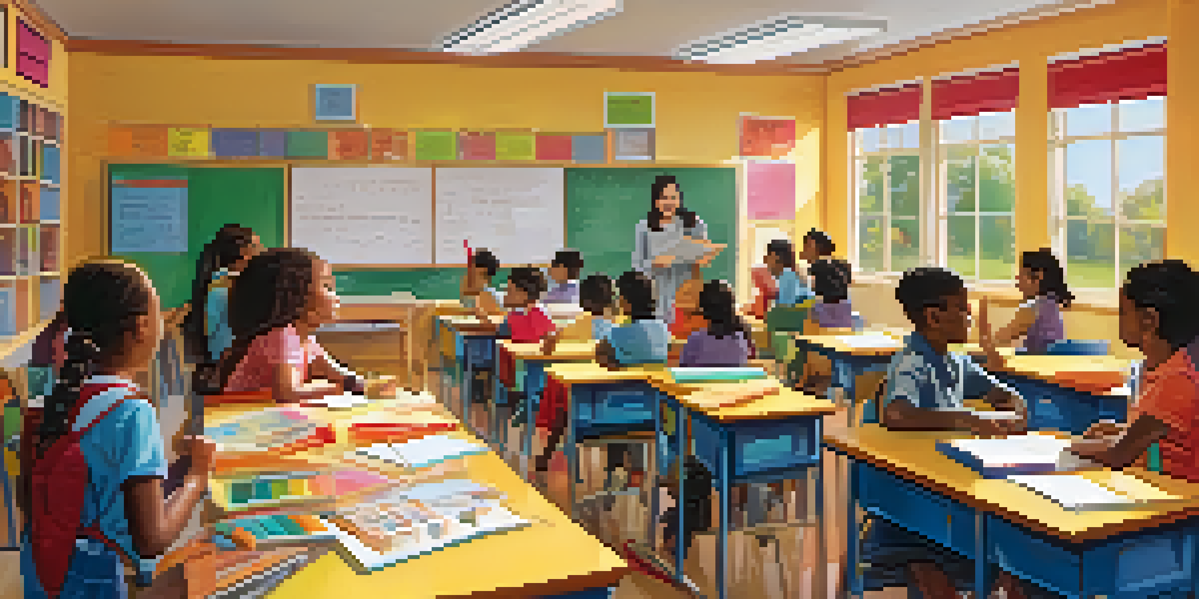 A vibrant classroom with a teacher interacting with students, clear rules on the wall, and sunlight illuminating the space.