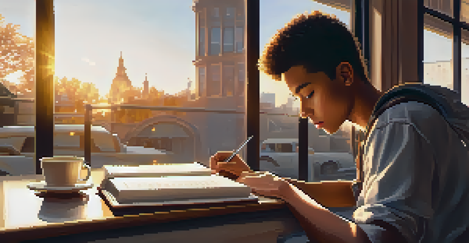 A person studying at a cafe with notebooks and a tablet, focusing on their online course during sunset.