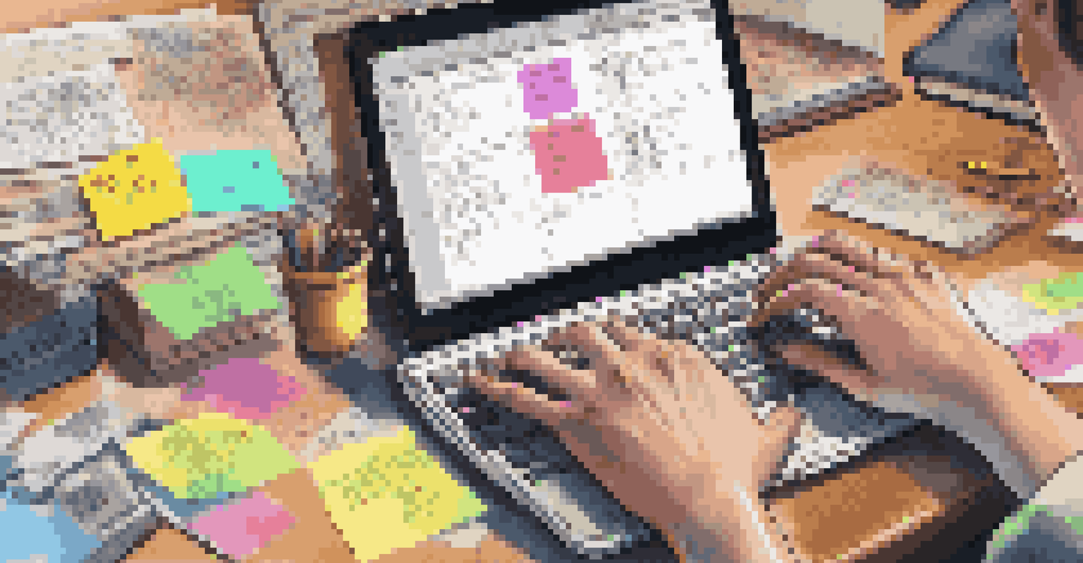A close-up of a student's hands typing on a laptop, surrounded by colorful sticky notes and a digital tablet, in a well-organized workspace.