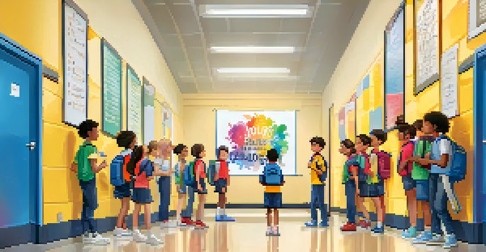 A motivational poster in a school hallway with the text 'Embrace Challenges,' featuring students collaborating on a project in the background.