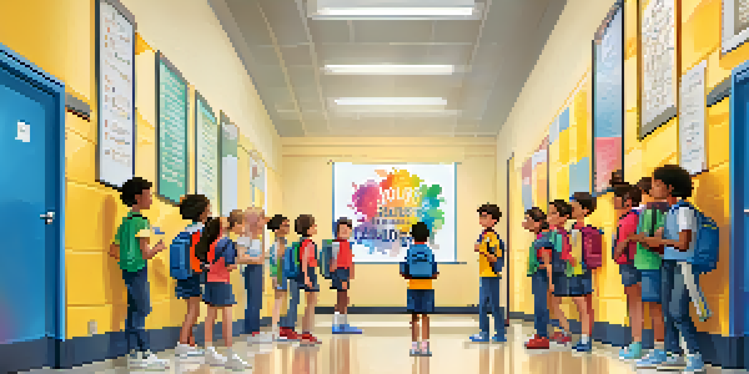 A motivational poster in a school hallway with the text 'Embrace Challenges,' featuring students collaborating on a project in the background.