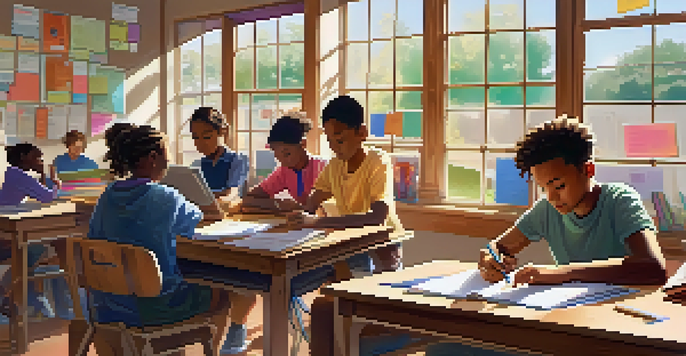 A classroom filled with diverse students using laptops and books, with sunlight streaming in and educational posters on the walls.