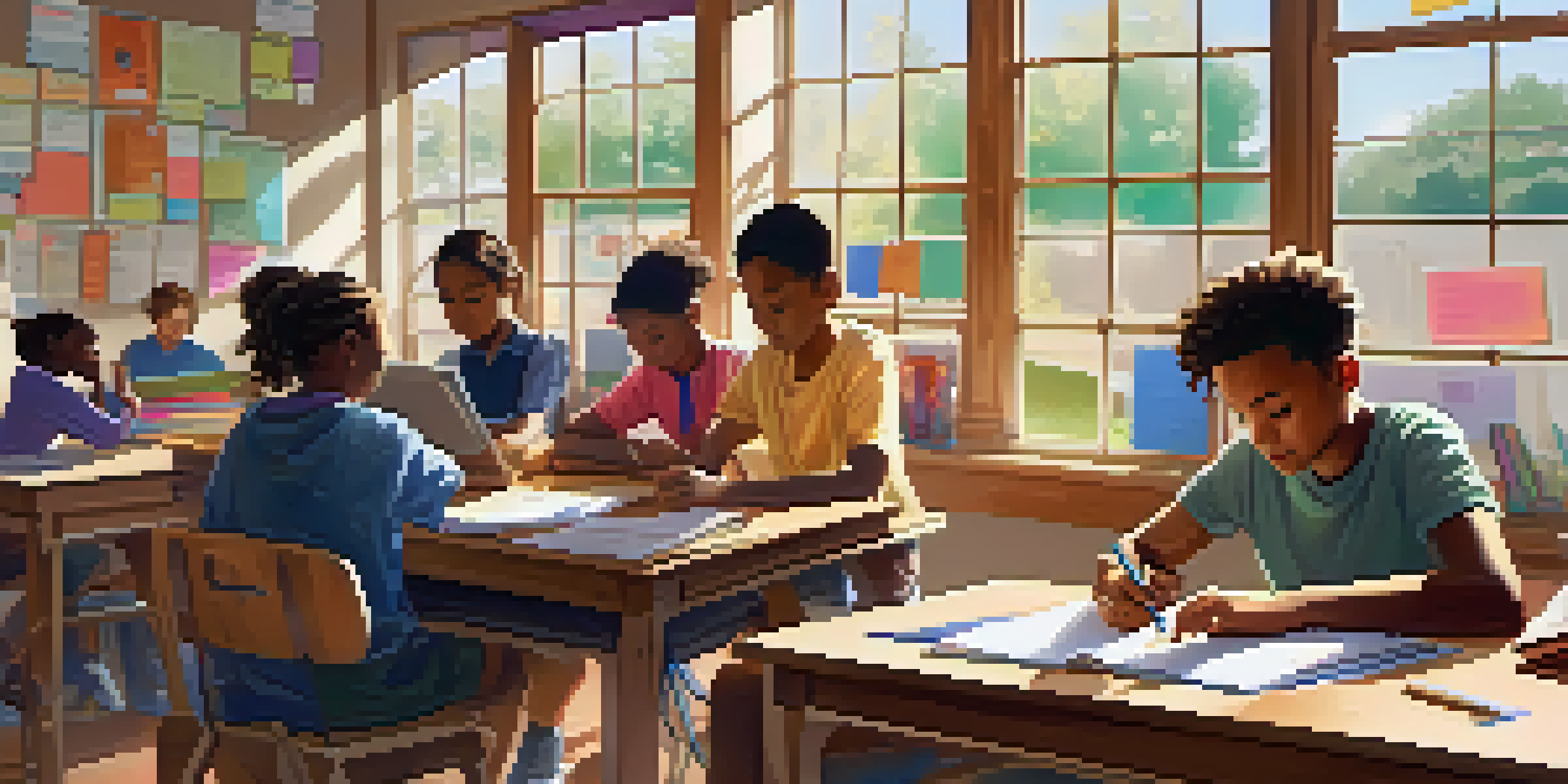 A classroom filled with diverse students using laptops and books, with sunlight streaming in and educational posters on the walls.