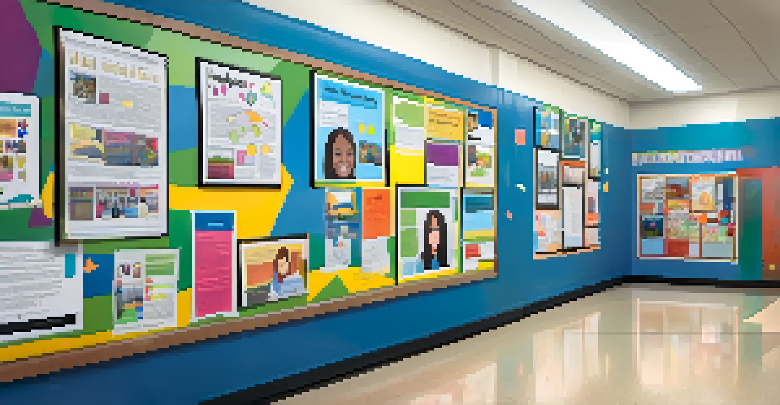 A school hallway filled with student artwork and bulletin boards, showcasing positive social media contributions, with students engaging in conversation.