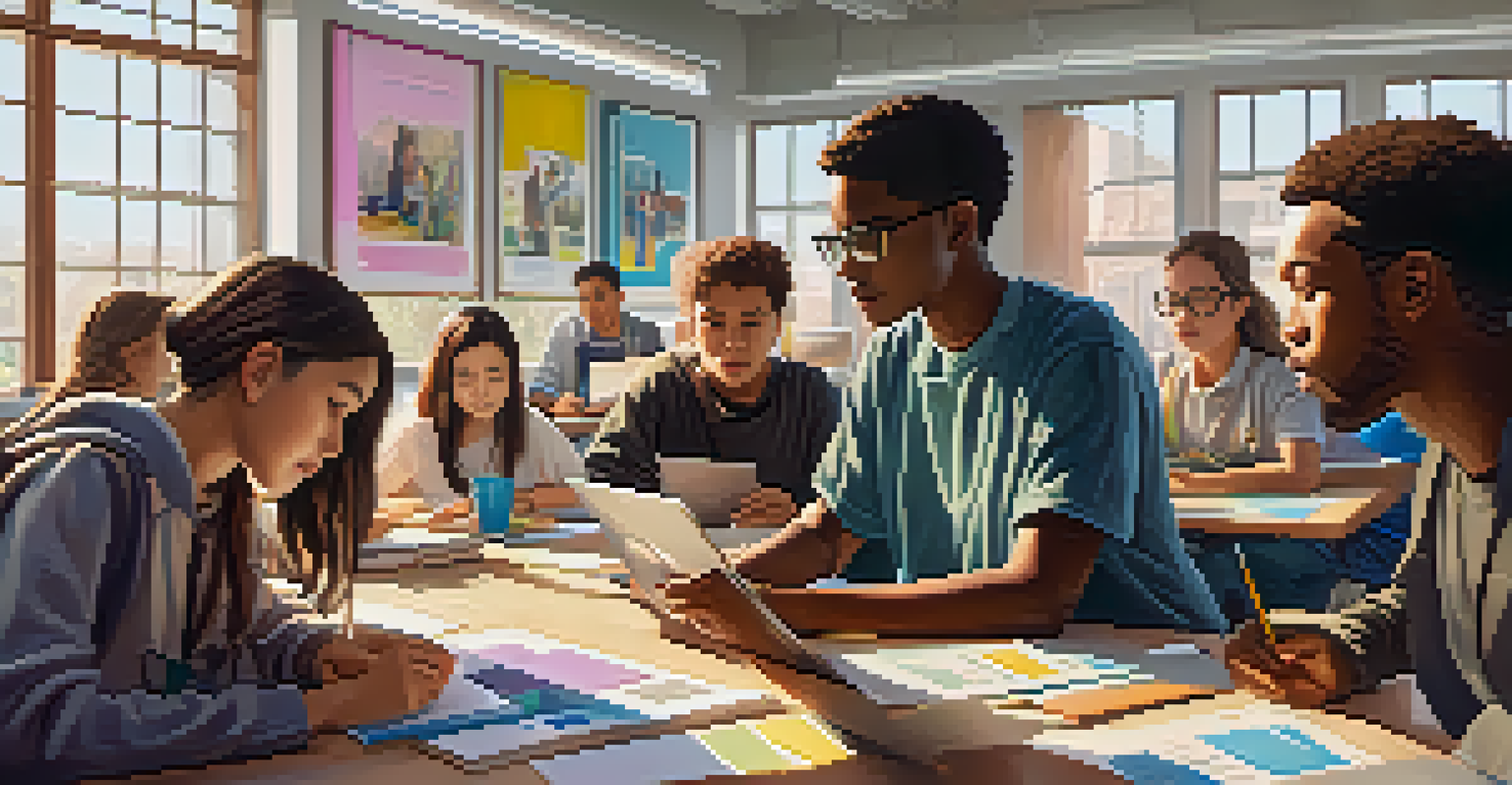 A diverse group of students working together in a bright classroom, surrounded by laptops and textbooks, with educational posters on the walls.