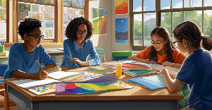 A classroom with diverse students working together on a project, with a teacher observing them.