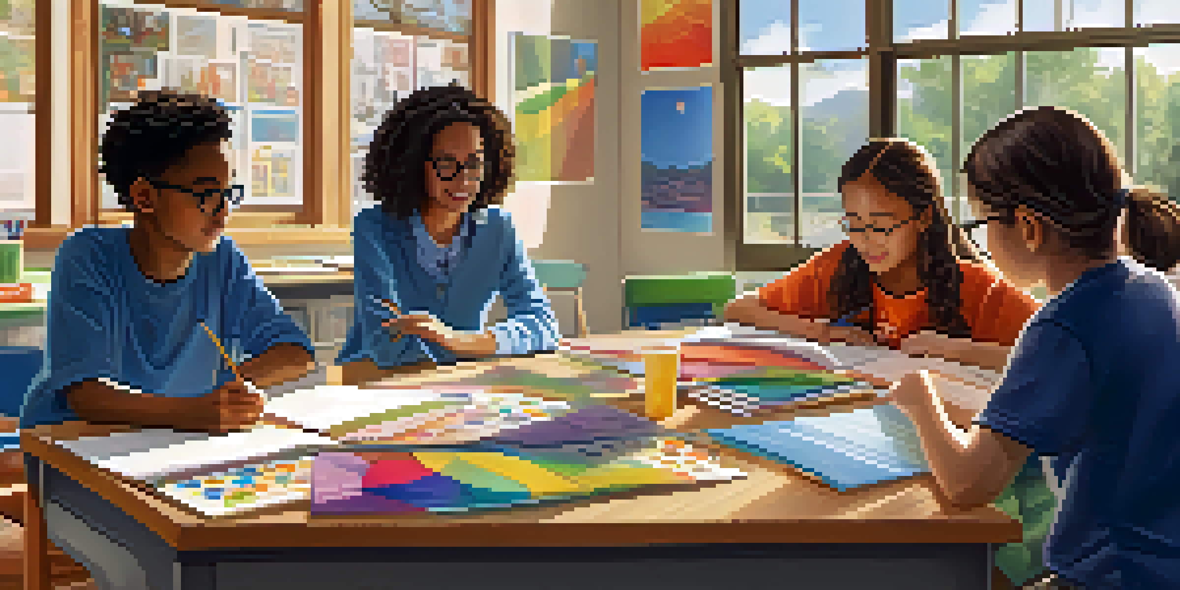 A classroom with diverse students working together on a project, with a teacher observing them.