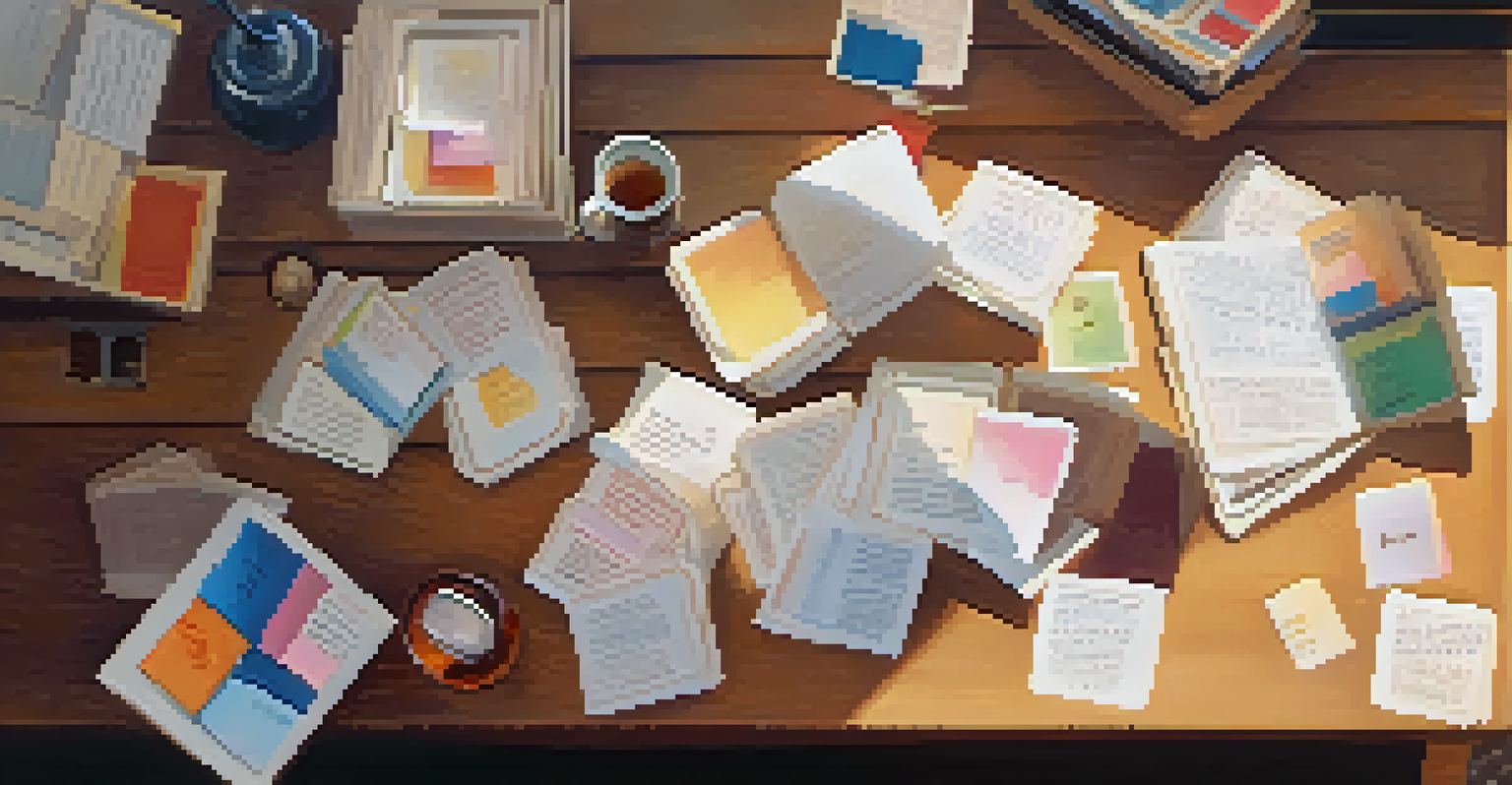 An overhead perspective of a person studying with flashcards and a cup of tea on a table, illuminated by sunlight.