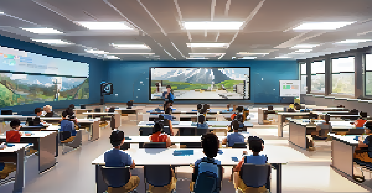 A modern classroom with a teacher guiding students using virtual reality technology, highlighting engagement and learning.