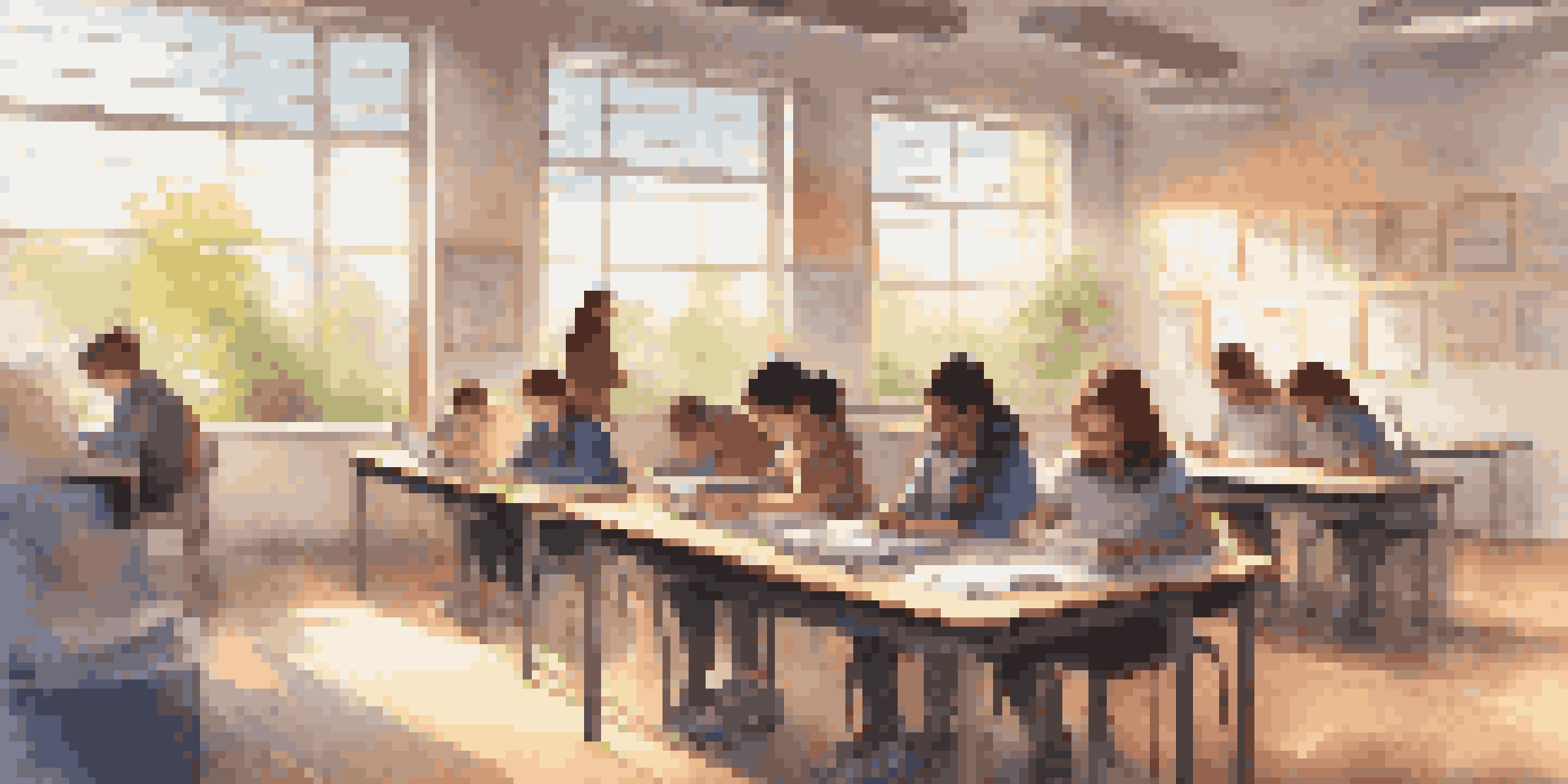 A bright classroom with students focused on digital learning, featuring educational posters about data ethics on the walls.