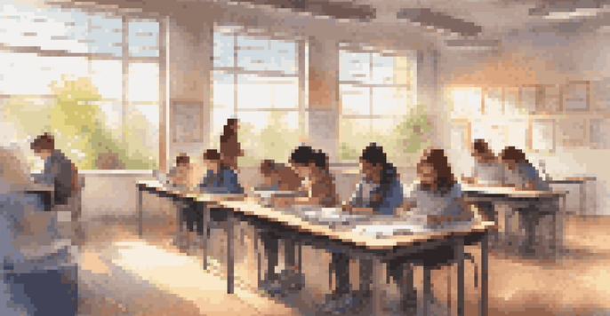 A bright classroom with students focused on digital learning, featuring educational posters about data ethics on the walls.