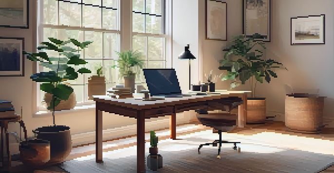 A cozy home office with a wooden desk, laptop, family photo, and potted plant, illuminated by warm sunlight.