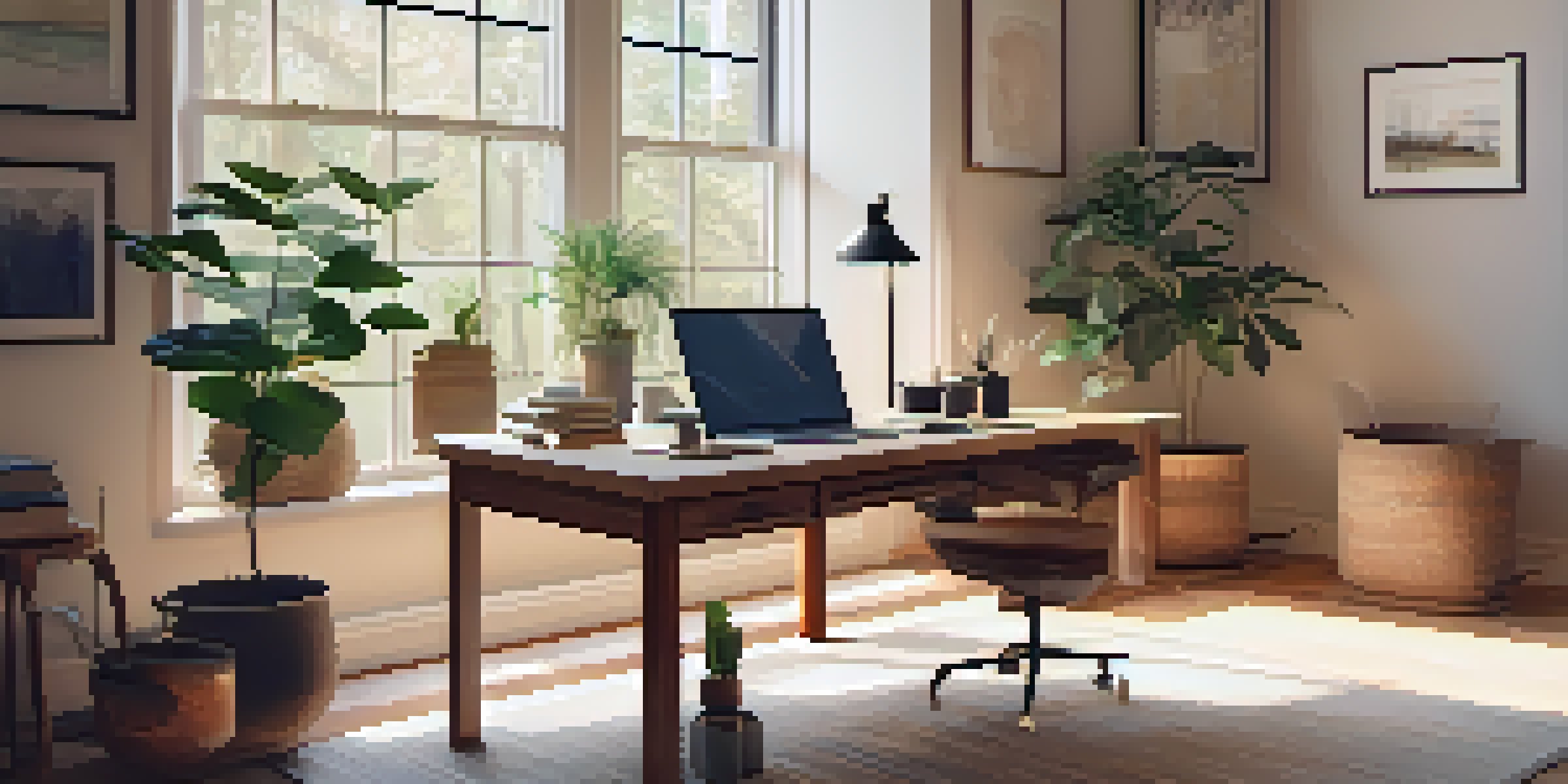 A cozy home office with a wooden desk, laptop, family photo, and potted plant, illuminated by warm sunlight.